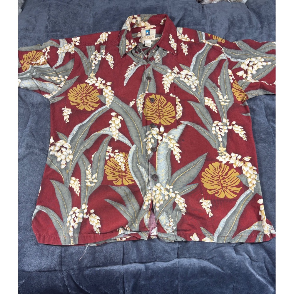 Kahala Hawaiian Islands Red Tropical Floral Rayon Linen Cotton Shirt Mens Medium